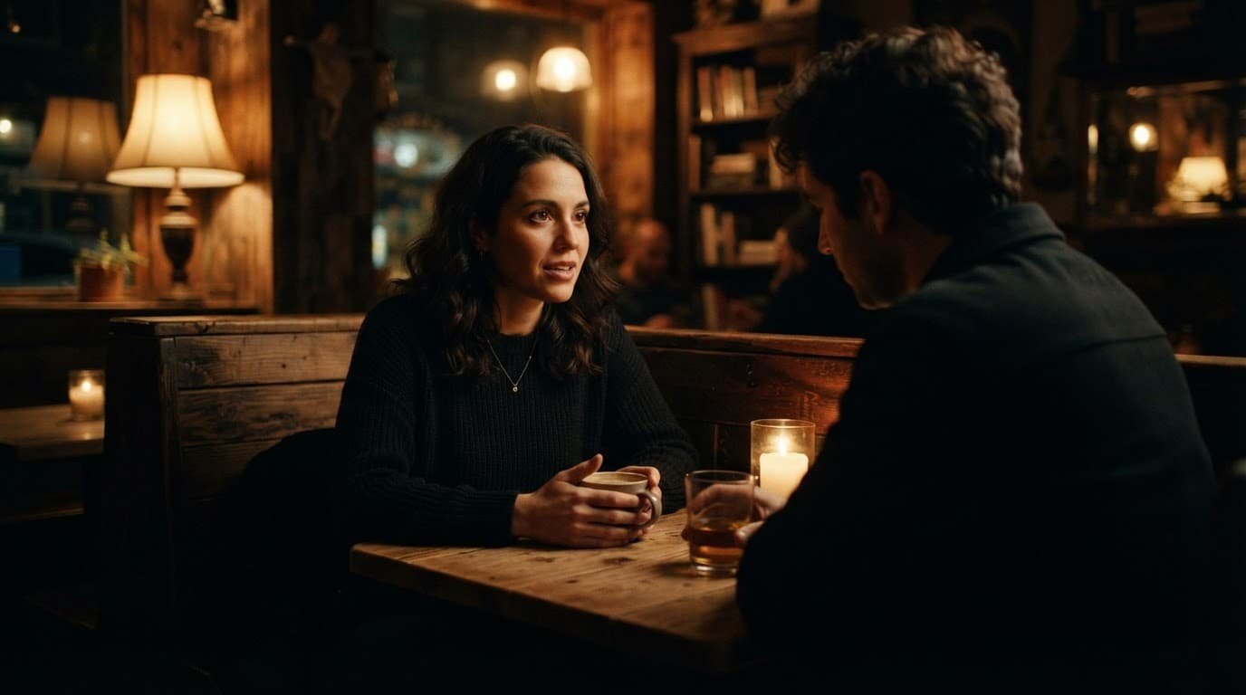 Two people share a quiet conversation across a wooden cafe table.