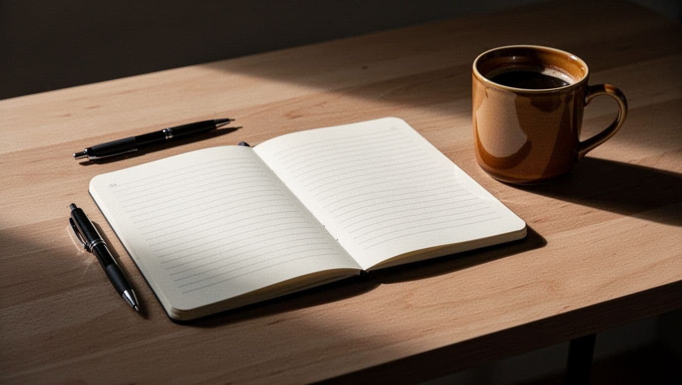 An open habit tracker notebook, black pen, and ceramic mug on a wooden desk.