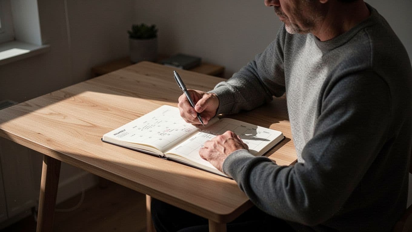 Person planning in an open notebook at a wooden desk.