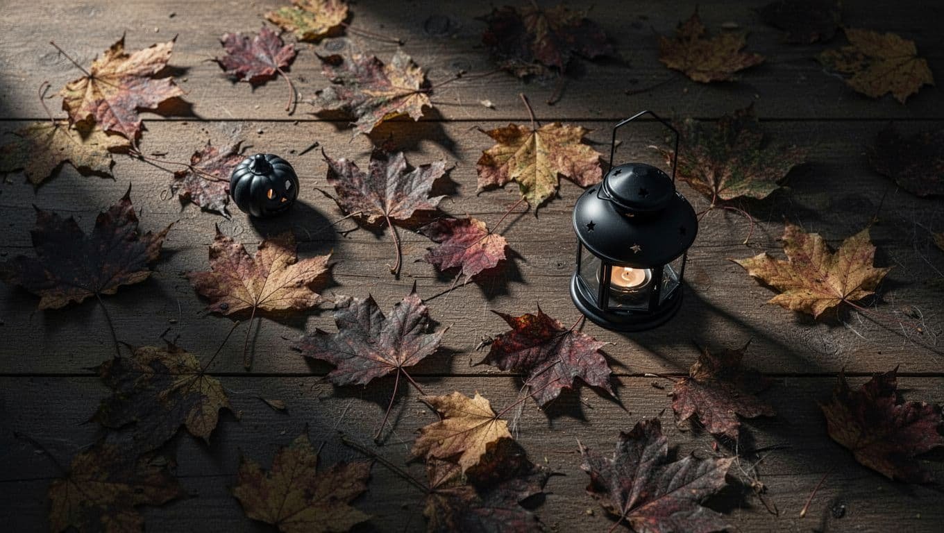 A black lantern surrounded by dark autumn leaves on a wooden table.