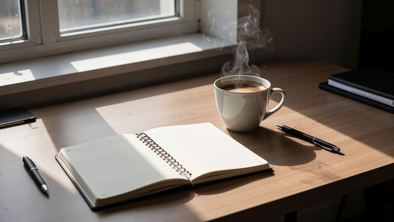 A tidy desk with coffee and a notebook in soft morning light.