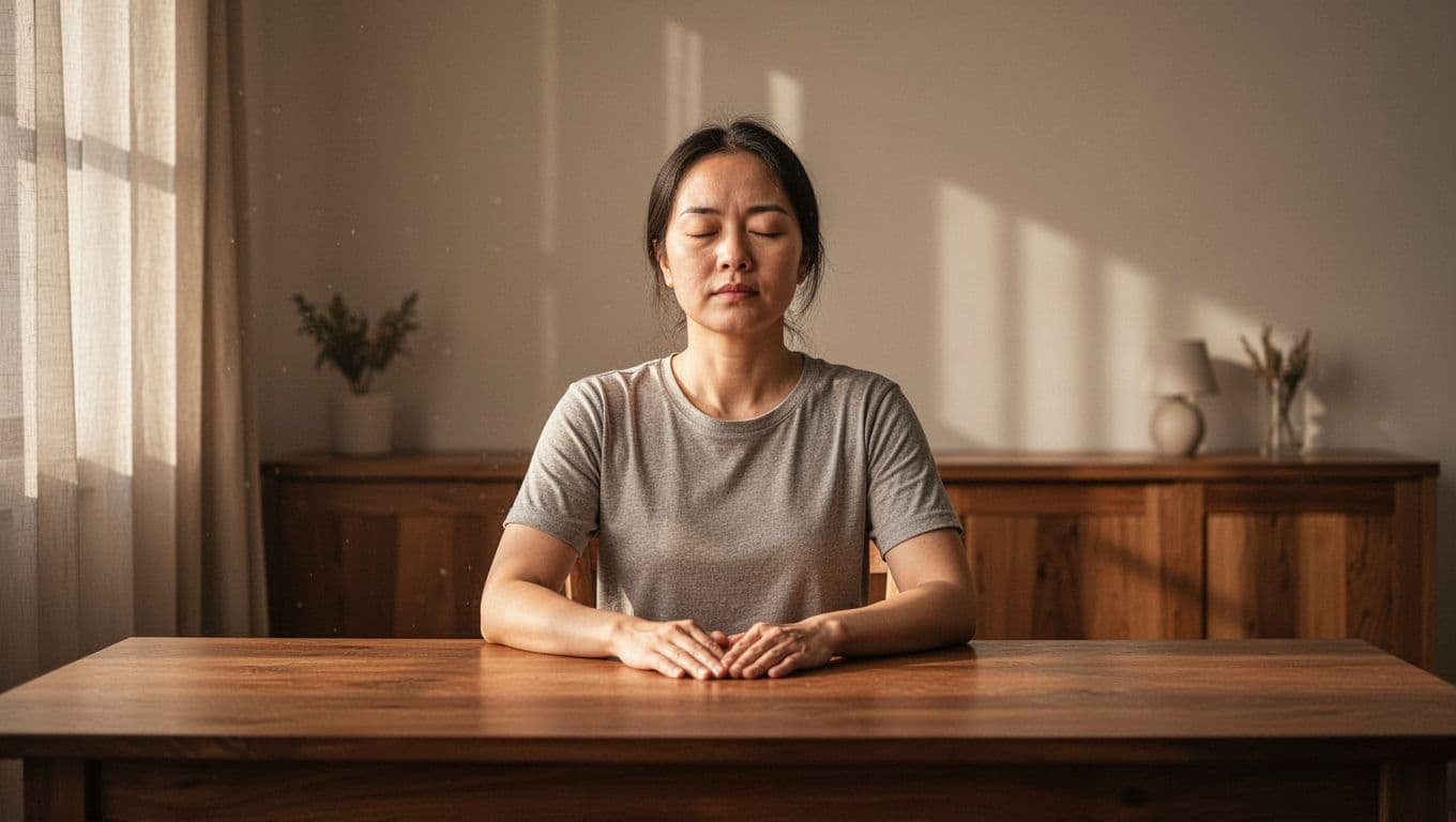 A person practices deep breathing beside a wooden table in soft morning light.