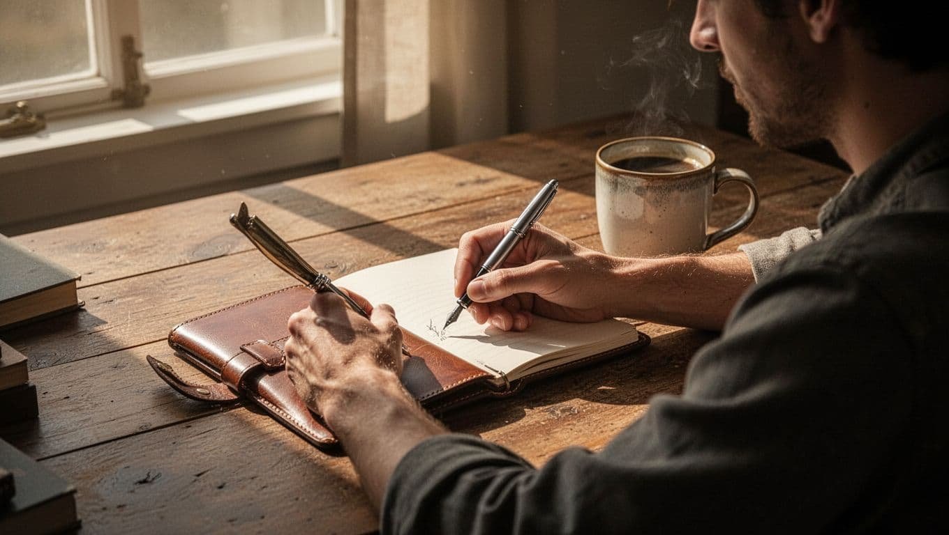 A person writes in a leather journal beside coffee in soft morning light.
