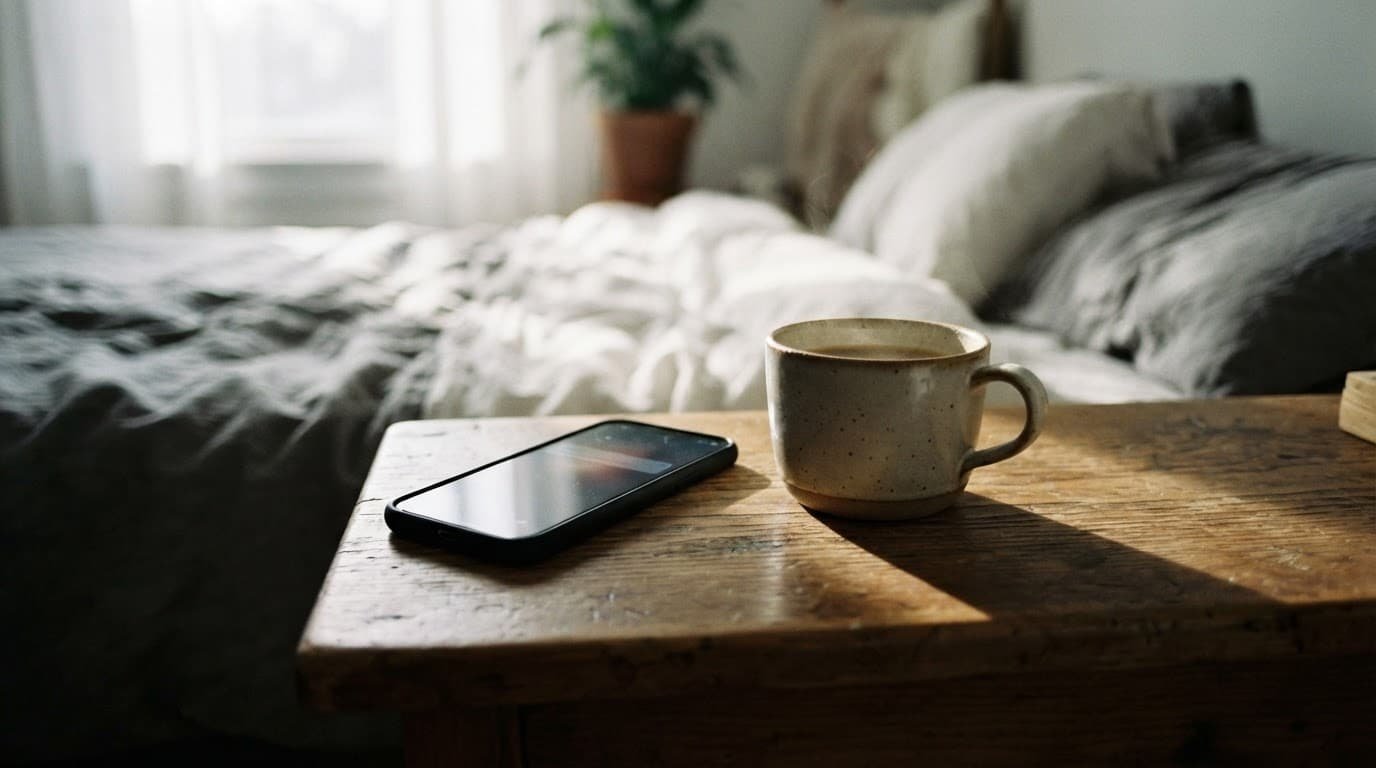 A smartphone and ceramic mug sit on a wooden nightstand in morning light.