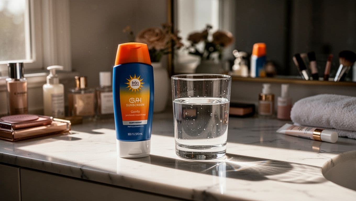 Sunscreen and a glass of water arranged on a bright vanity.