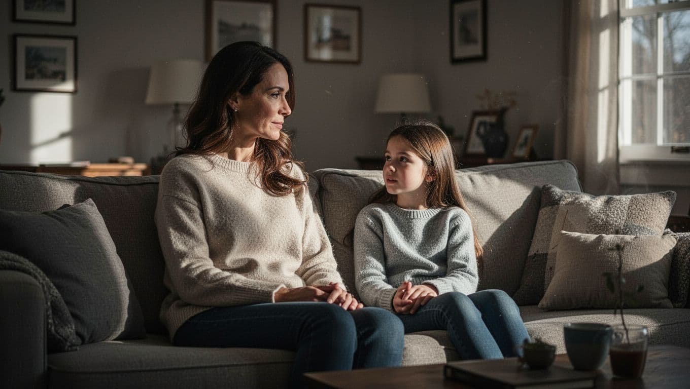 A mother and daughter share a quiet conversation in a softly lit living room.