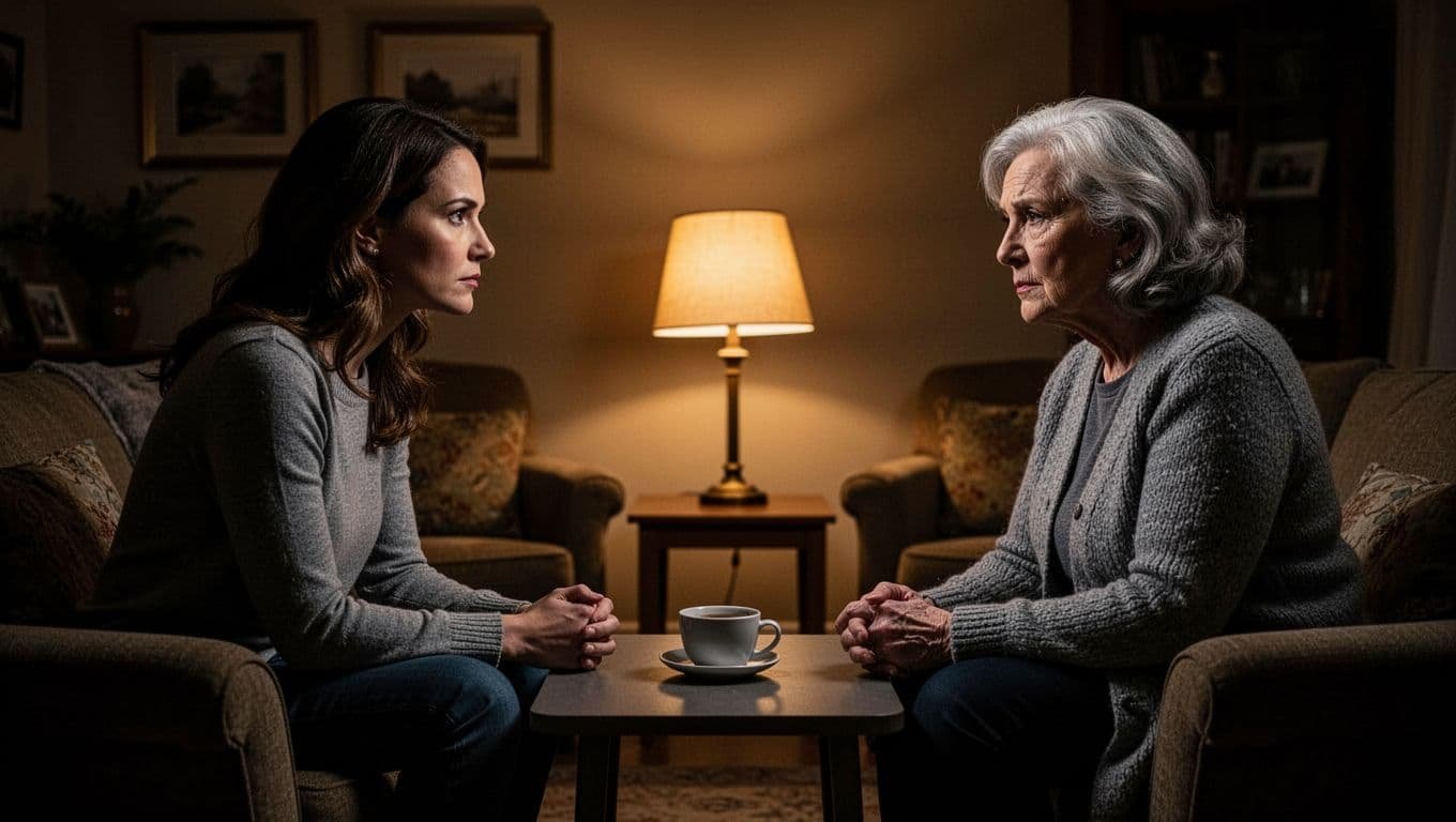 A daughter and mother sit across from each other in a dark living room.