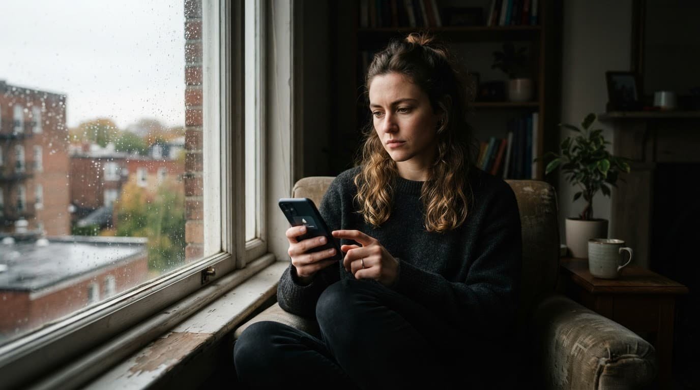 A thoughtful person sits by a bright window with phone notifications muted.