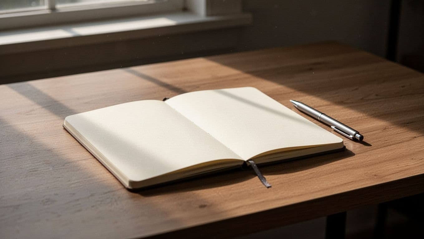 A notebook and pen on a clean desk in soft morning light.