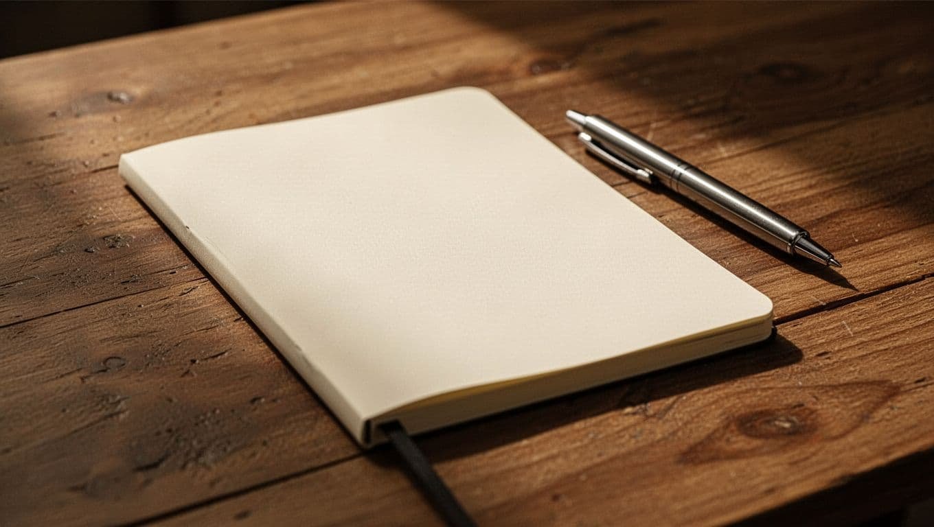 A notebook and pen on a wooden table in warm light.