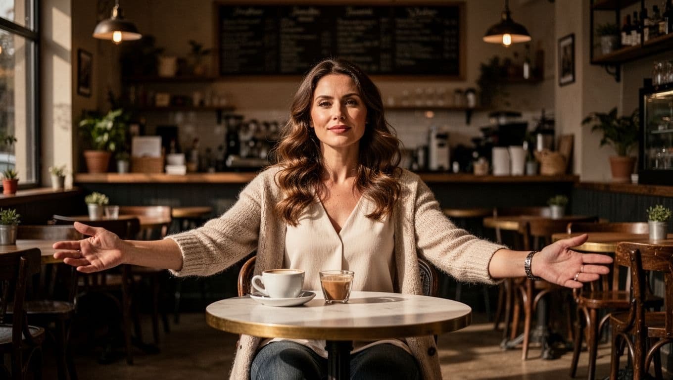 A confident woman sits alone at a cafe table with open arms.