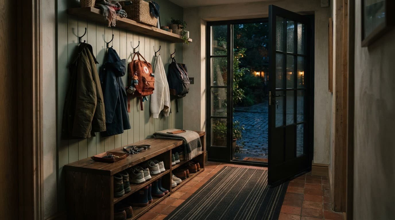 A bench, hanging coats, backpacks, and neatly arranged shoes create an organized entryway.