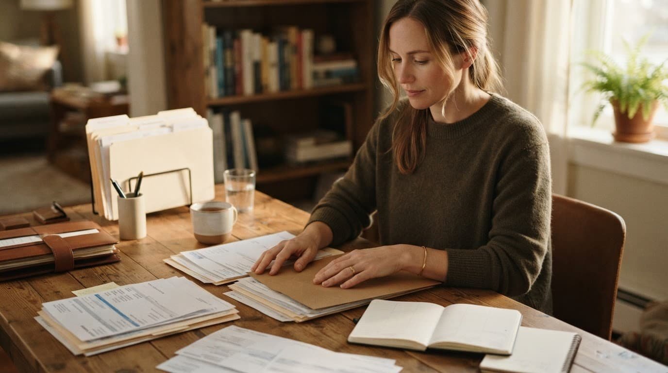 Hands organizing folders and financial papers on a wooden desk.