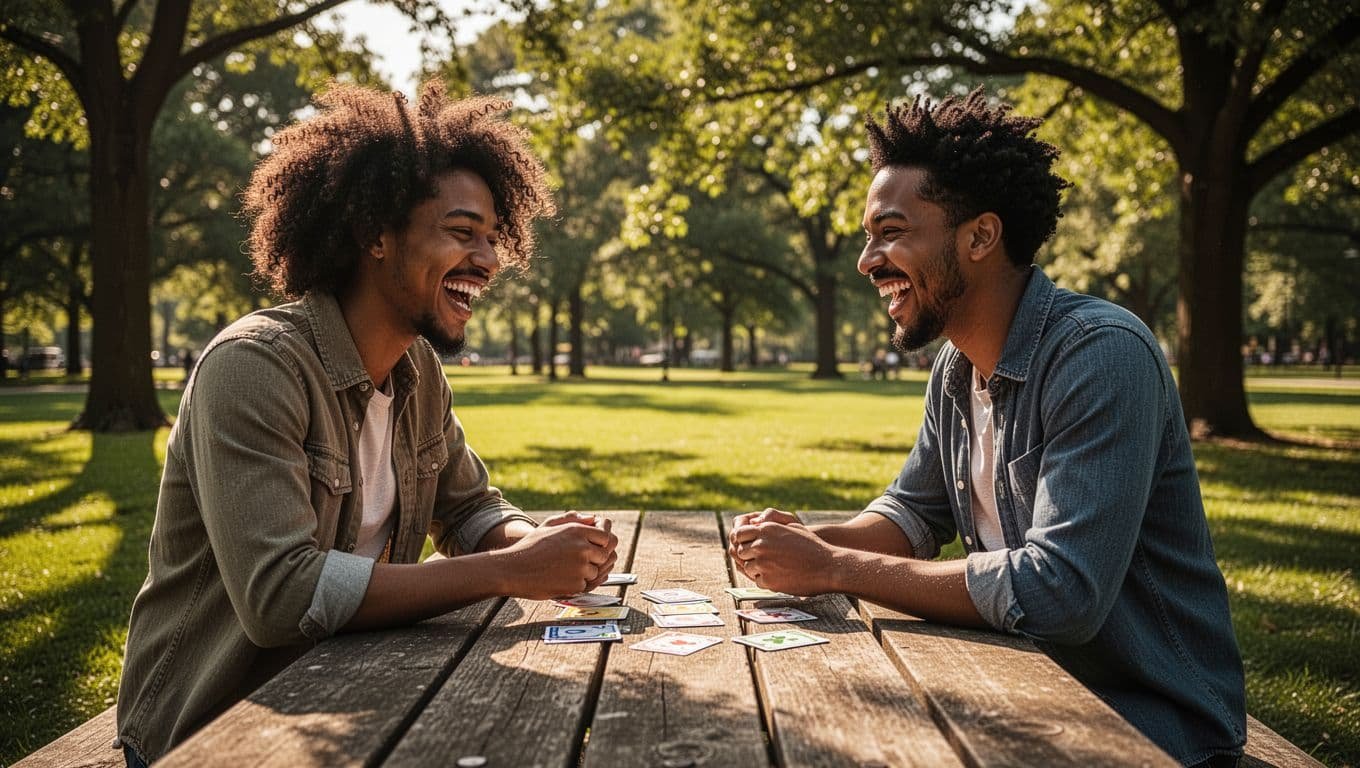 Friends smile and play a trivia game around a picnic table outdoors.