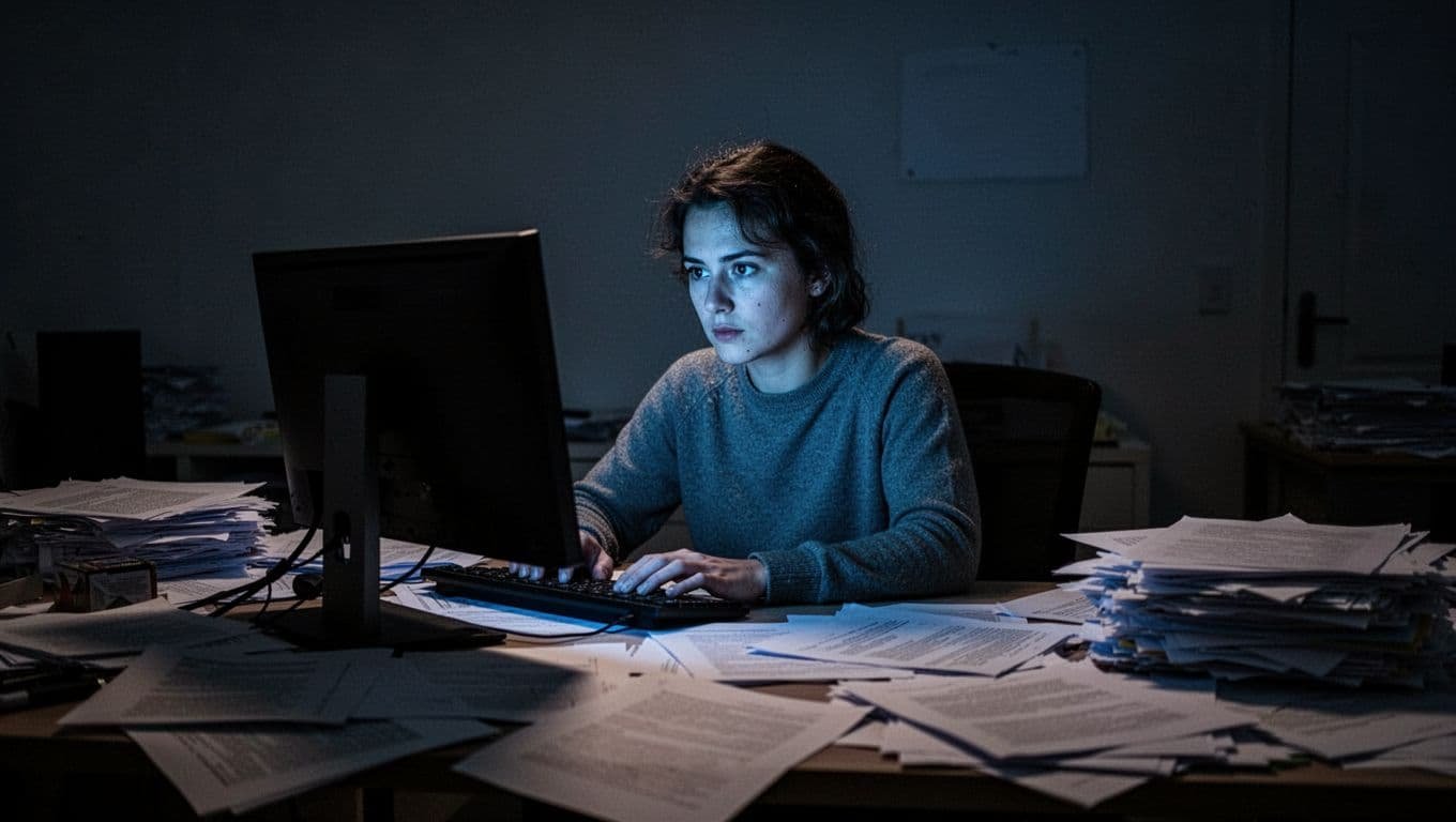 A person sits at a cluttered desk, lit by a glowing computer screen.