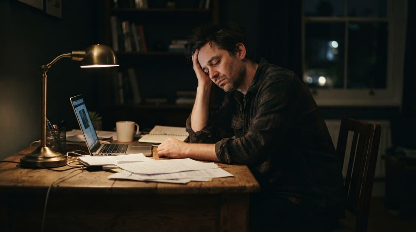 A tired man rests his head on one hand at a desk under a warm lamp.