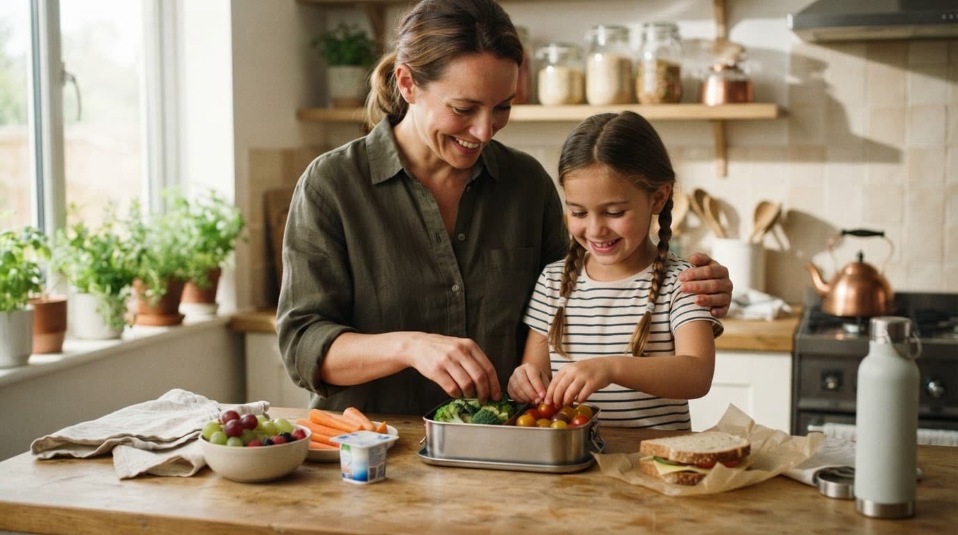 A parent and child pack vegetables, fruit, and sandwiches into a lunch box.