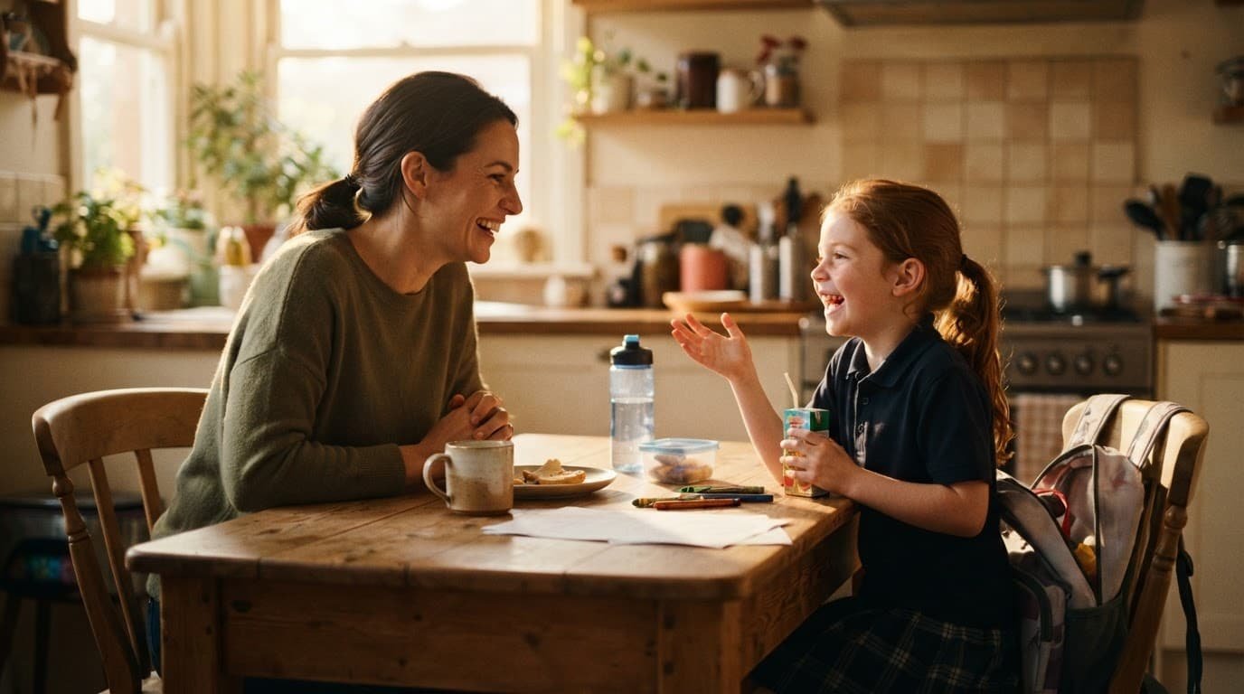 A parent and child smile while talking at a kitchen table.