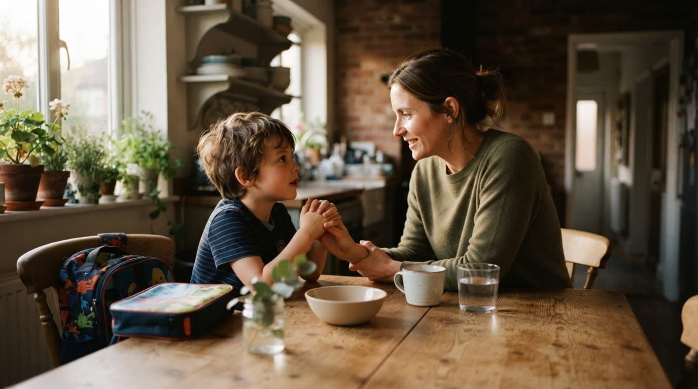 A parent listens to a child at a kitchen table in warm afternoon light.