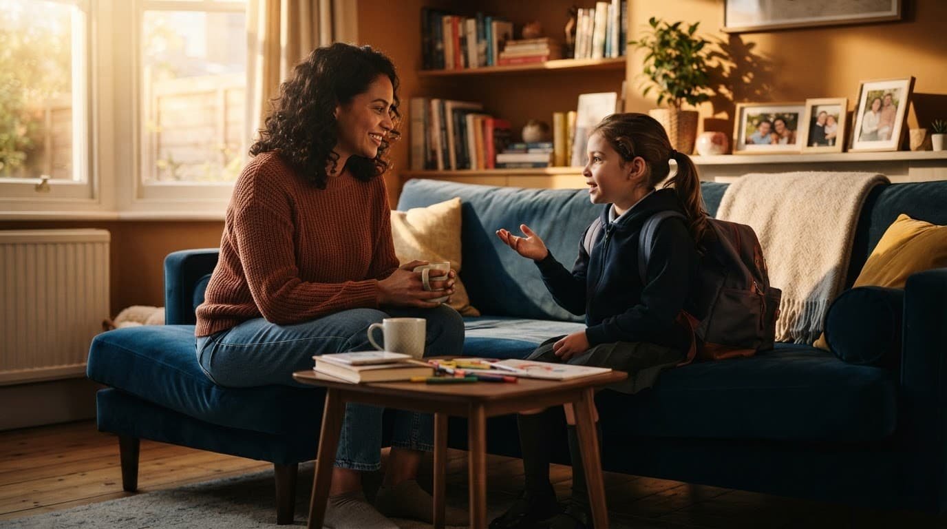 A parent and child talk together on a sofa in a warmly lit living room.
