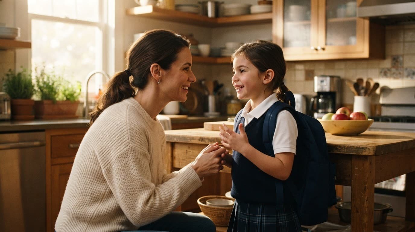 A parent listens to a child talking at a bright kitchen table.