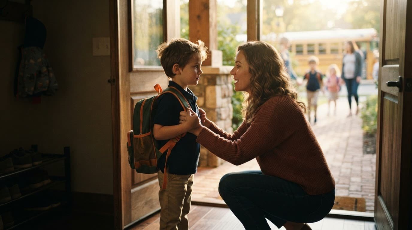 A parent comforts a child with a backpack in a sunlit doorway.