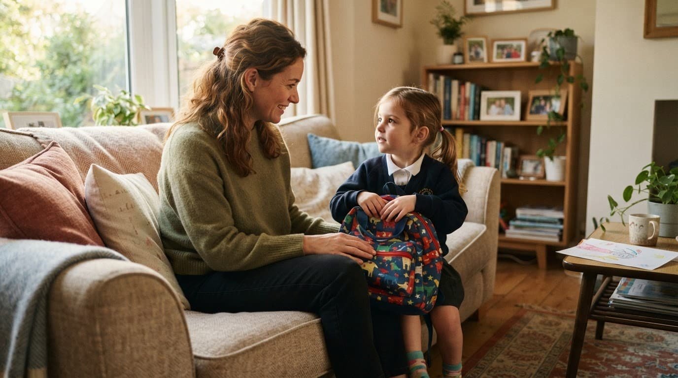 A parent talks with a child holding a colorful backpack on a sofa.