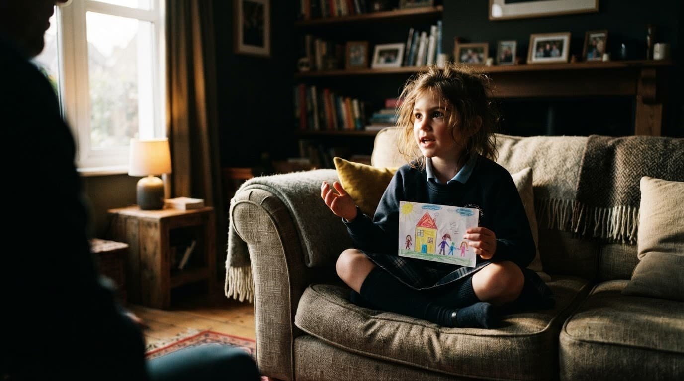 A parent listens attentively toward a child just outside the frame.