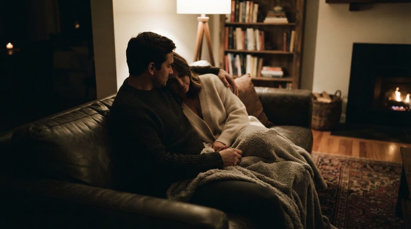 A couple sitting closely on a sofa in a softly lit living room.