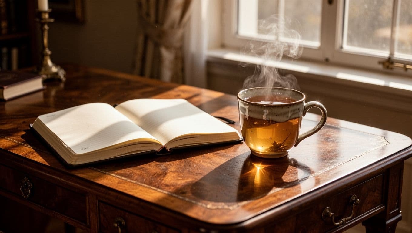 Open notebook and tea mug on a wooden desk in morning sunlight.