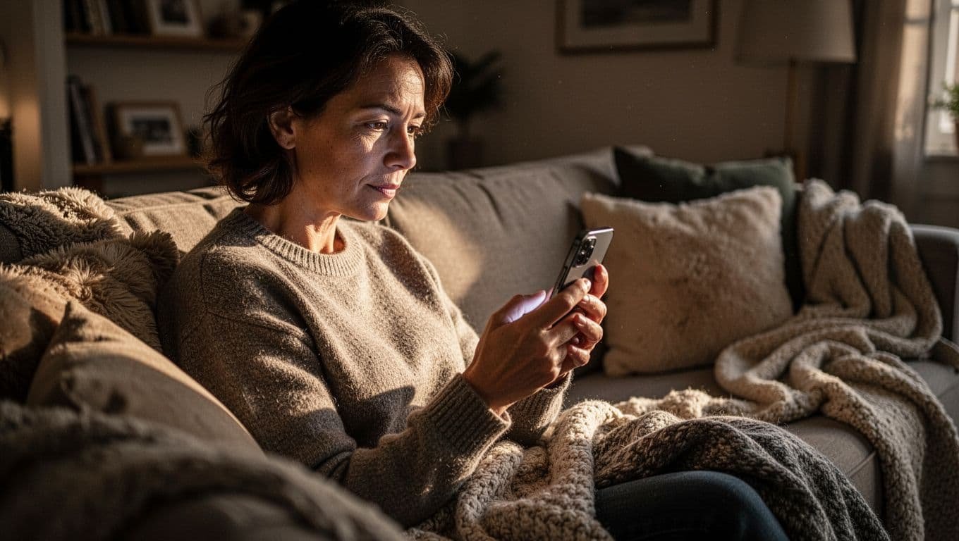 A person thoughtfully reading questions on a smartphone in a warm, cozy room.
