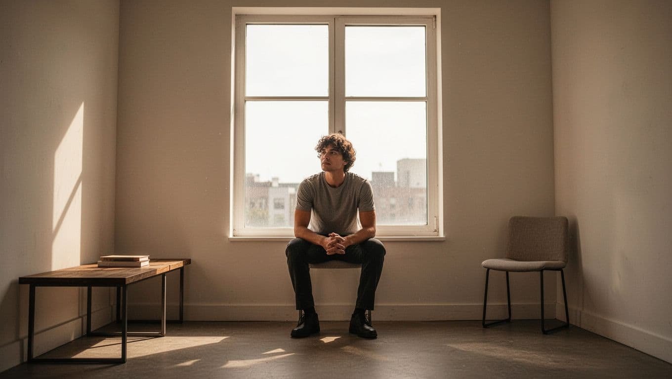 A person calmly reflecting beside a sunny window in a minimalist room.