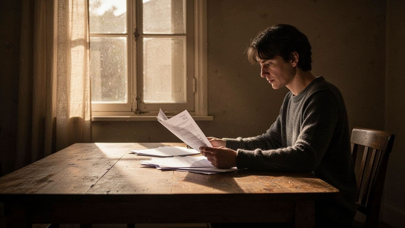 A person reviews papers at a wooden desk beside a softly lit window.