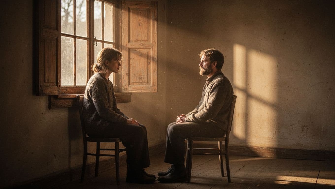 A person sits beside a wooden window in warm, dramatic light.