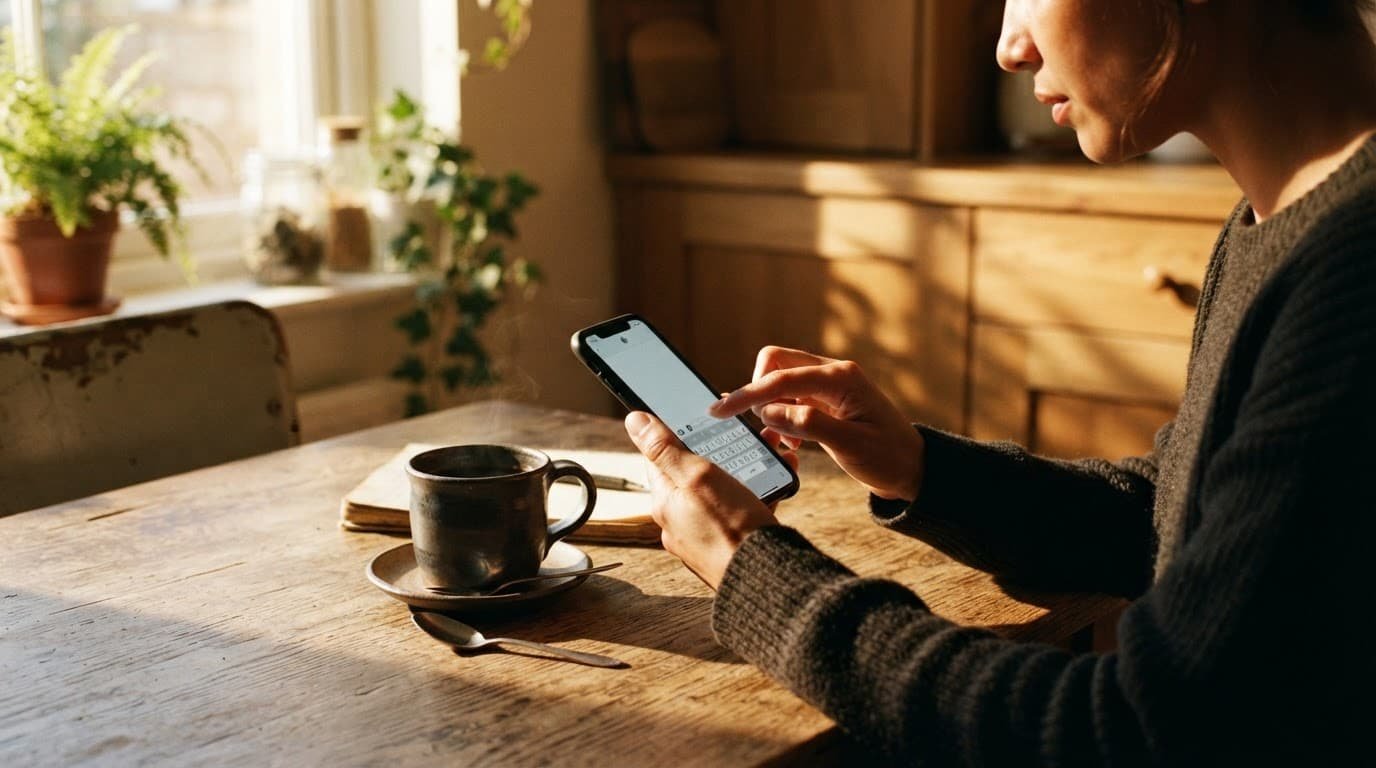 Person typing a morning message on a phone beside coffee at a sunlit kitchen table.