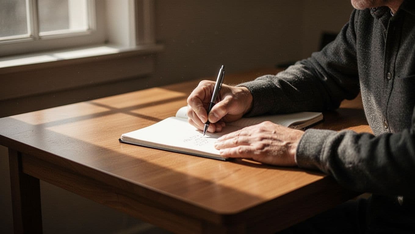 A person writes in a notebook at a wooden desk.
