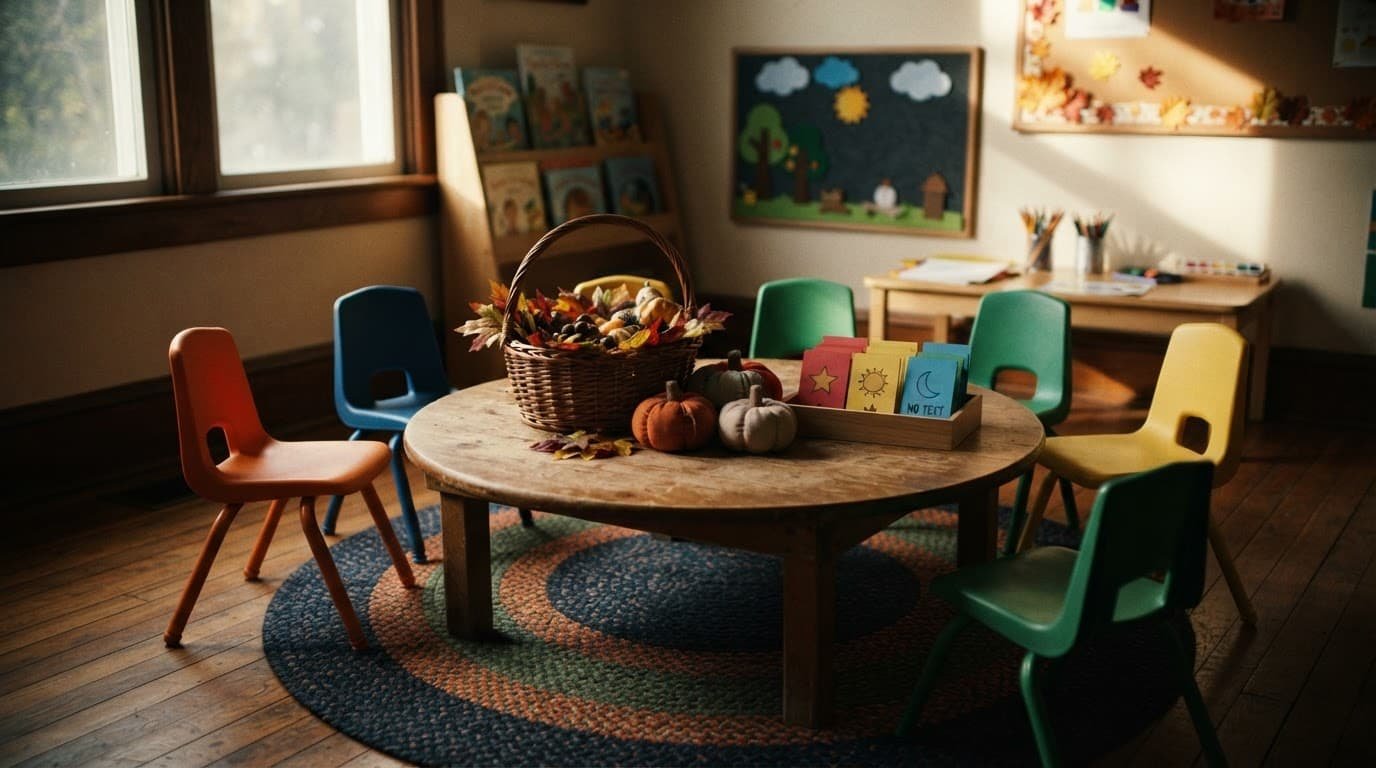 Preschool circle time props with leaves, pumpkins, and voting cards on a low table.