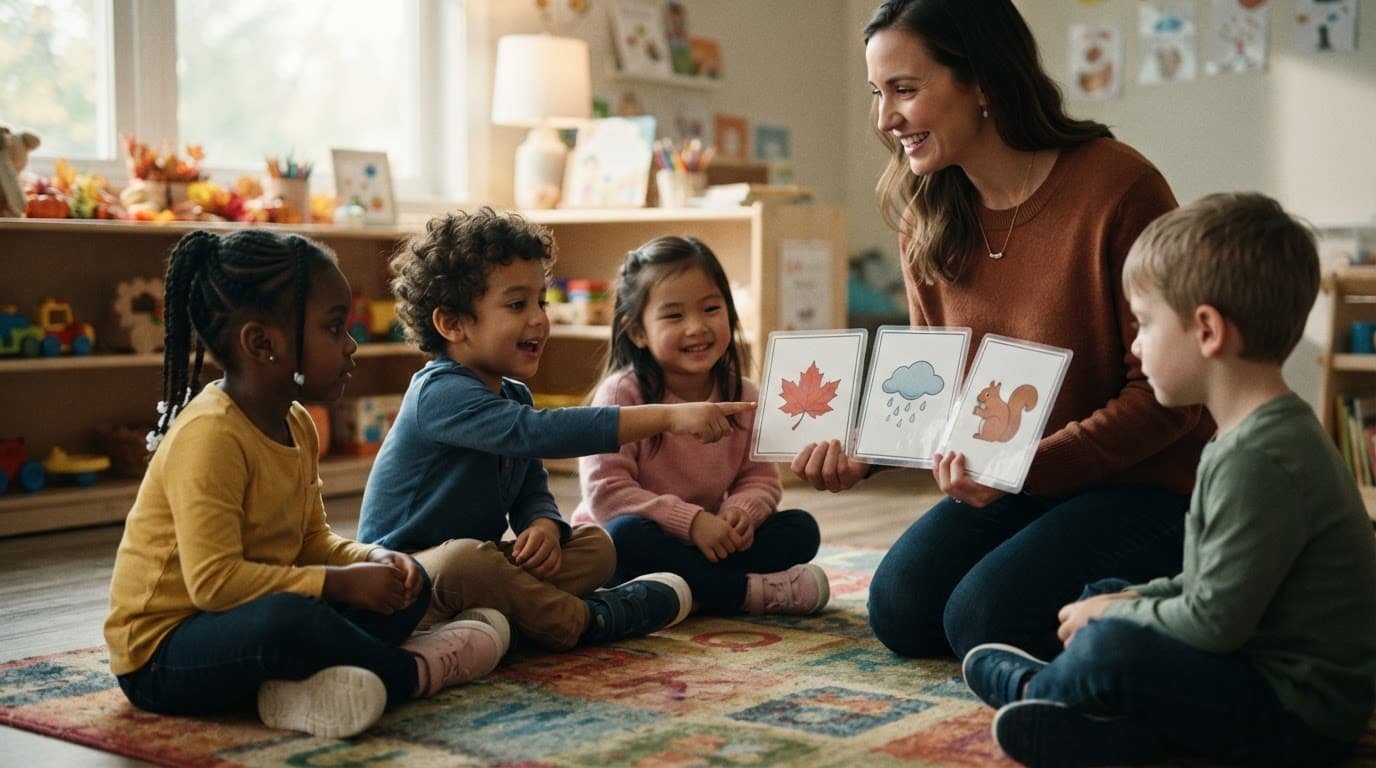 A teacher shows picture cards to four children sitting on a classroom rug.