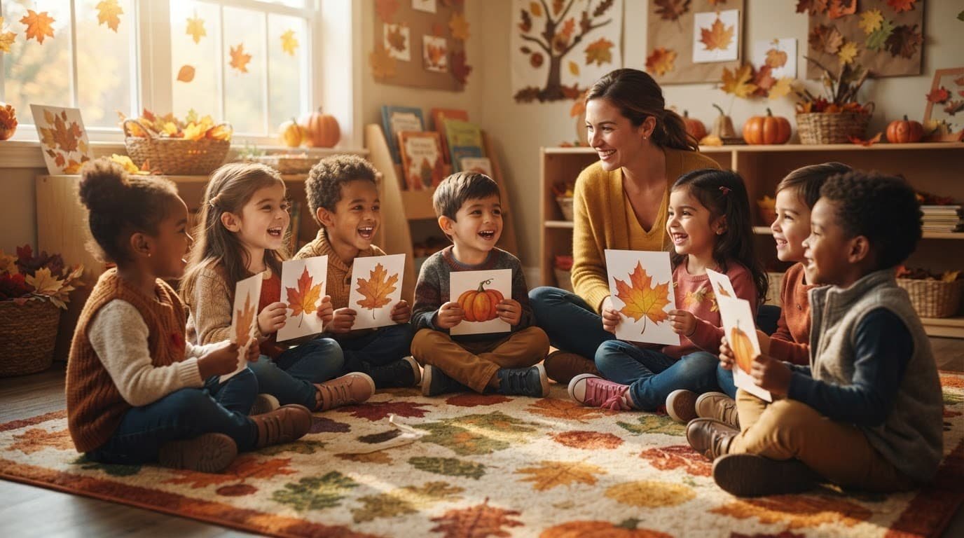 Children hold leaf and pumpkin cards during preschool circle time.