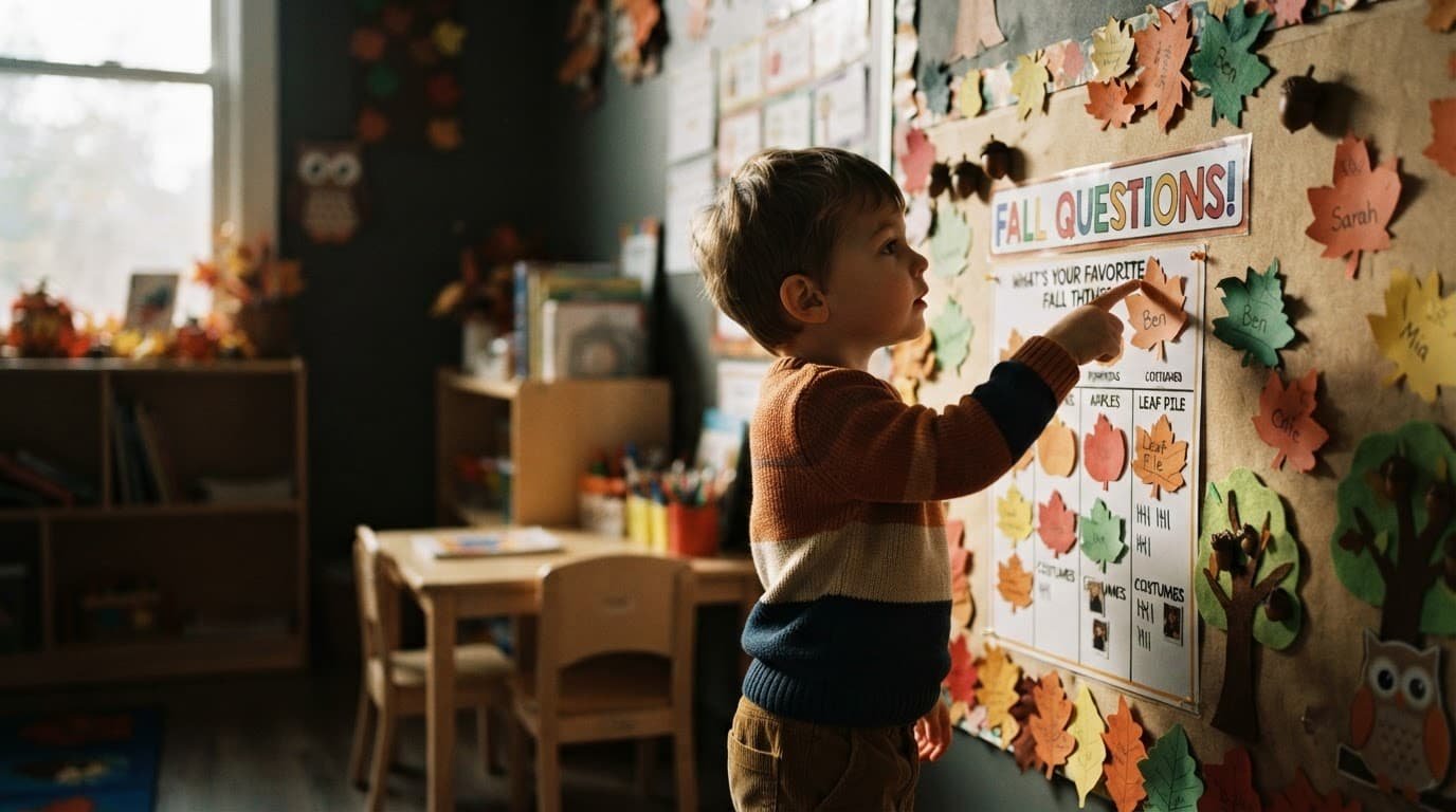 A child points at leaf shapes on a colorful preschool fall question board.