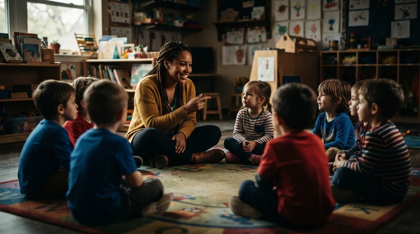 A preschool teacher talks with children seated in a circle on a classroom rug.