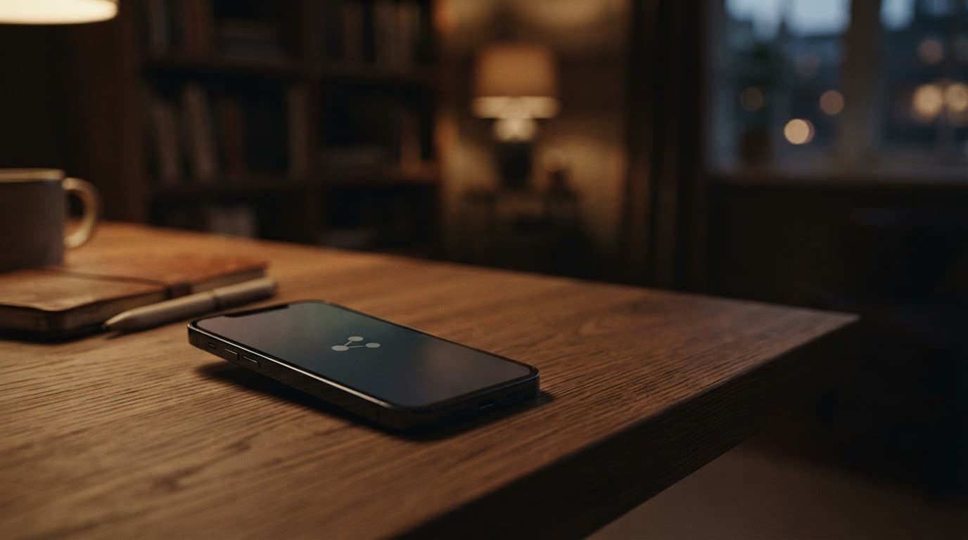 A smartphone with a muted screen rests on a clean desk in warm light.