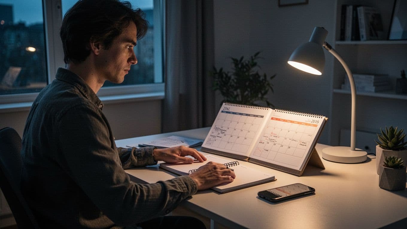 Person planning personal time at a desk with a calendar, notebook, and phone.
