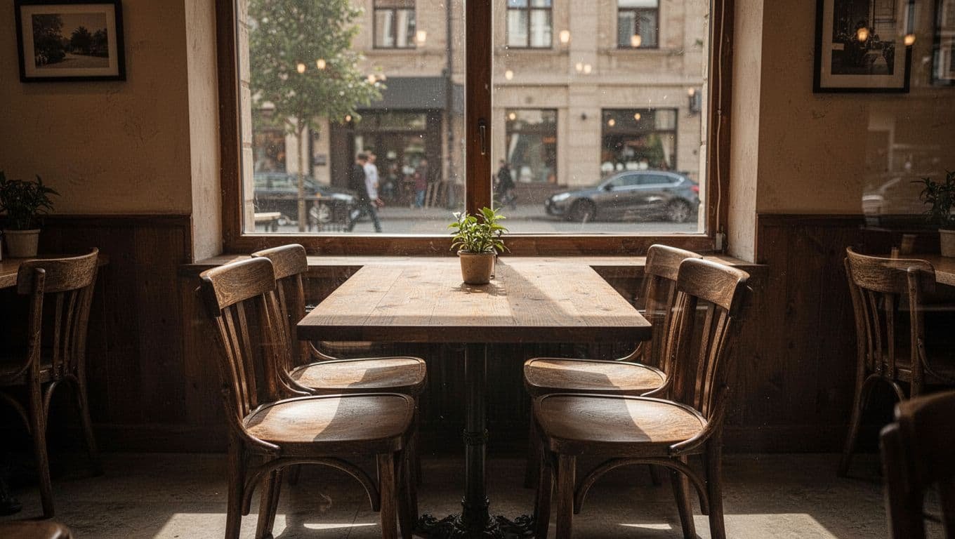 Two empty chairs sit at a wooden café table near a sunlit window.