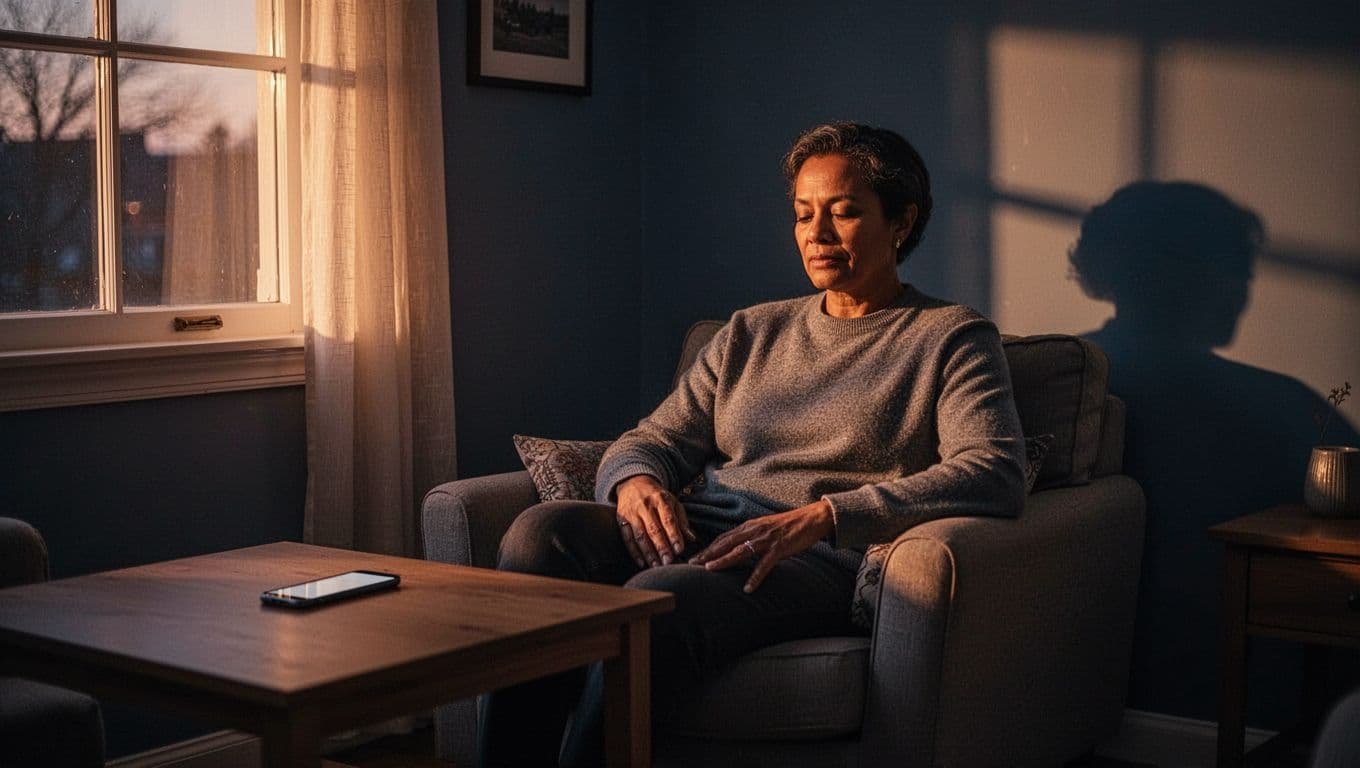 An adult relaxes beside a table with a phone during a warm evening break.