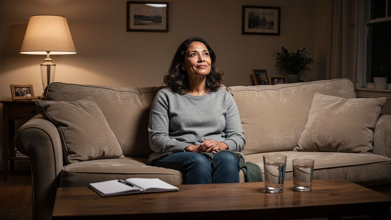 An adult reflects in a warm living room beside a notebook and cup of water.