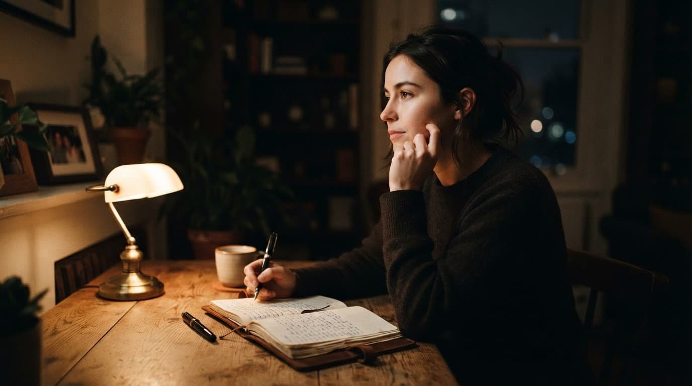 A person writing in a journal at a wooden desk under a warm lamp.