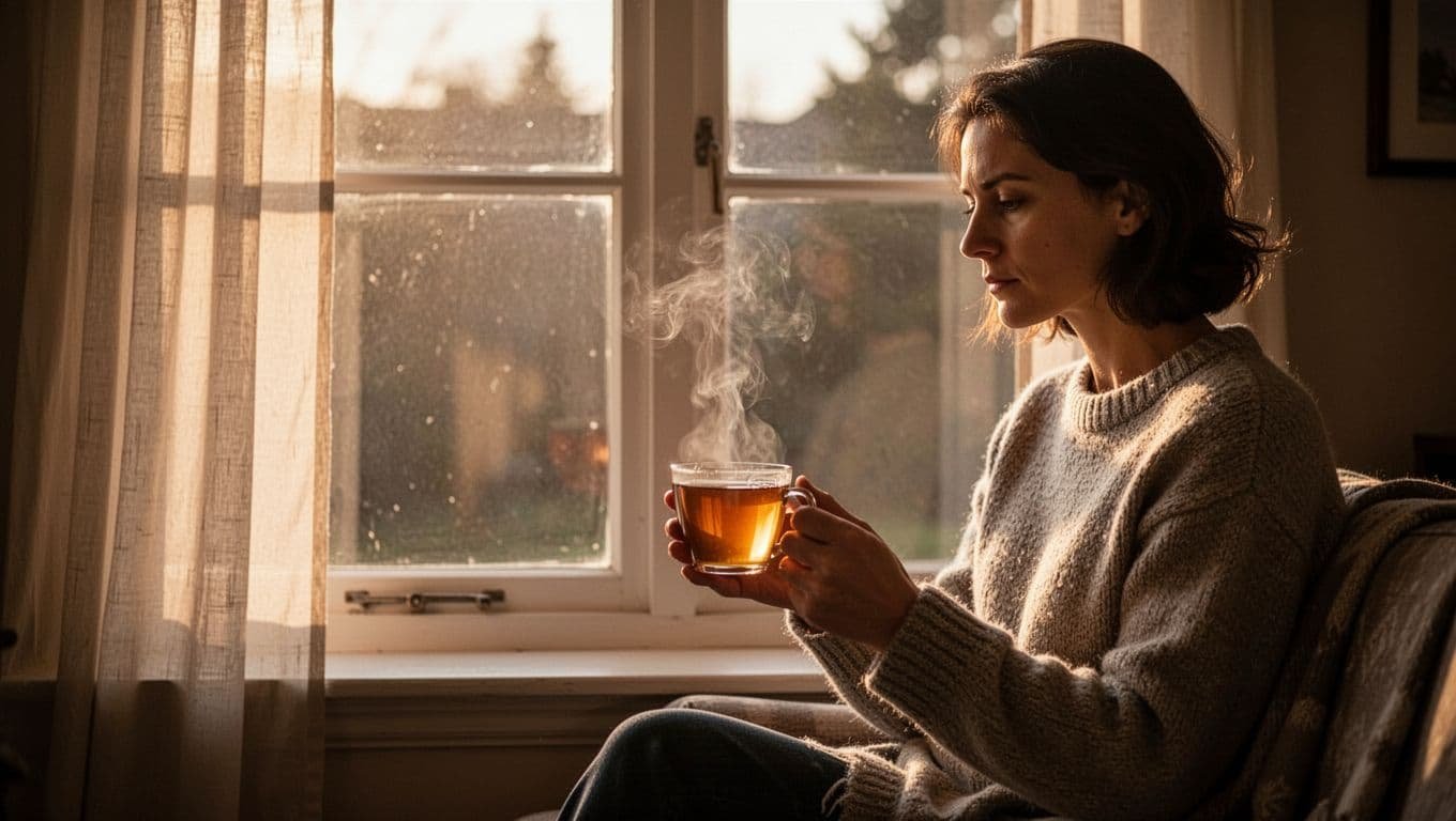 A person holds tea beside a quiet window in soft morning light.