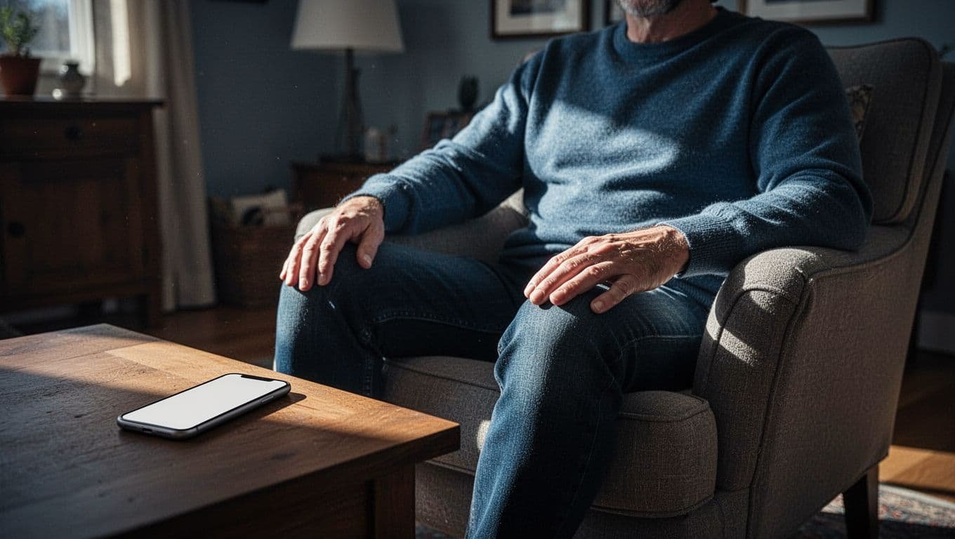 An adult sits quietly at home with a phone placed face down nearby.