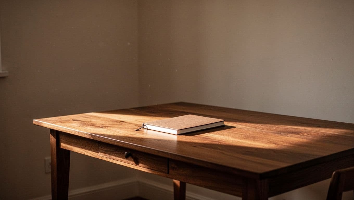 A wooden desk with an open notebook in a warmly lit minimalist room.